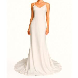 Lulus Wedding Dress Gown V-Neck Crepe Button Back Train Off White Size M